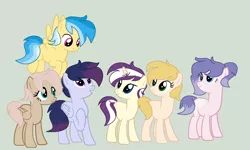 Size: 2492x1500 | Tagged: safe, artist:roseloverofpastels, derpibooru import, oc, unofficial characters only, earth pony, pegasus, pony, unicorn, base used, female, mare, offspring, parent:applejack, parent:bulk biceps, parent:dumbbell, parent:fancypants, parent:flash sentry, parent:flim, parent:fluttershy, parent:pinkie pie, parent:rainbow dash, parent:rarity, parent:soarin', parent:twilight sparkle, parents:applebulk, parents:dumbshy, parents:flashdash, parents:pinkiepants, parents:rariflim, parents:soarlight, simple background