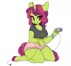 Size: 1213x1127 | Tagged: safe, artist:8-bitwitch, derpibooru import, oc, oc:arcade fever, unofficial characters only, anthro, unicorn, bracelet, breasts, cleavage, clothes, controller, futa, intersex, jewelry, painted hooves, shorts, sitting, solo