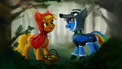 Size: 1500x844 | Tagged: safe, artist:xbi, derpibooru import, applejack, rainbow dash, earth pony, pegasus, pony, animal costume, big bad wolf, clothes, costume, duo, female, forest, little red riding hood, mare, wolf costume