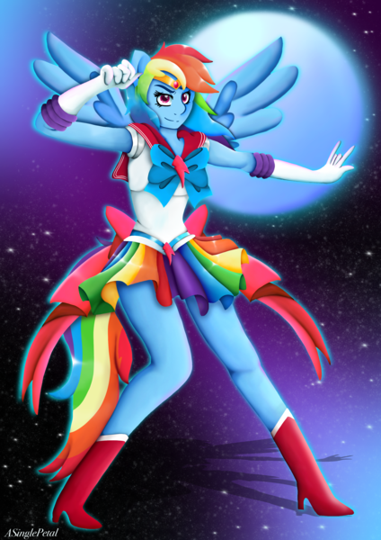 Size: 2480x3508 | Tagged: anthro, artist:asinglepetal, boots, clothes, crossover, derpibooru import, evening gloves, gloves, long gloves, rainbow dash, rainbow dash always dresses in style, safe, sailor moon, sailor scout, sailor uniform, shoes, solo