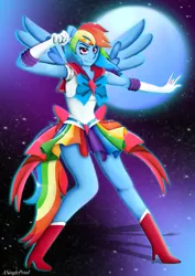 Size: 2480x3508 | Tagged: anthro, artist:asinglepetal, boots, clothes, crossover, derpibooru import, evening gloves, gloves, long gloves, rainbow dash, rainbow dash always dresses in style, safe, sailor moon, sailor scout, sailor uniform, shoes, solo