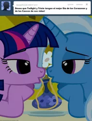 Size: 608x800 | Tagged: artist:navitaserussirus, couple, derpibooru import, duo, edit, female, flower, flower vase, lesbian, looking at each other, safe, shipping, spanish, translation, trixie, twilight sparkle, twixie