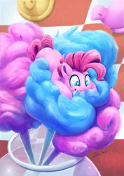 Size: 851x1200 | Tagged: safe, artist:tsitra360, derpibooru import, pinkie pie, earth pony, pony, cotton candy, cute, diapinkes, female, mare, micro, peeps, picnic blanket, ponies in food, solo, tiny ponies