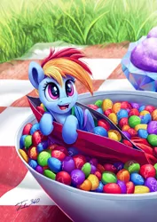 Size: 851x1200 | Tagged: safe, artist:tsitra360, derpibooru import, rainbow dash, pegasus, pony, candy, cute, dashabetes, food, happy, ice cream, micro, open mouth, picnic blanket, ponies in food, skittles, solo, taste the rainbow, tiny ponies