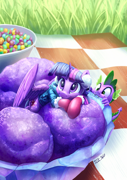 Size: 851x1200 | Tagged: safe, artist:tsitra360, derpibooru import, spike, twilight sparkle, twilight sparkle (alicorn), alicorn, dragon, pony, baby, baby dragon, biting, bowl, candy, clothes, cute, daaaaaaaaaaaw, earmuffs, eating, female, food, grass, happy, horn, ice cream, jacket, male, mare, micro, mittens, picnic blanket, ponies in food, signature, skittles, smiling, spikabetes, tiny ponies, twiabetes, wings