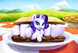 Size: 1200x815 | Tagged: safe, artist:tsitra360, derpibooru import, rarity, pony, unicorn, chocolate, female, food, graham cracker, grass, mare, marshmallow, micro, picnic blanket, pie, plate, ponies in food, rarity is a marshmallow, s'mores, solo, tiny ponies