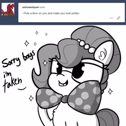Size: 1650x1650 | Tagged: safe, artist:tjpones, derpibooru import, oc, oc:brownie bun, unofficial characters only, earth pony, pony, horse wife, ask, black and white, bowtie, bucktooth, ear fluff, female, grayscale, mare, monochrome, nerd, simple background, solo, tumblr, white background
