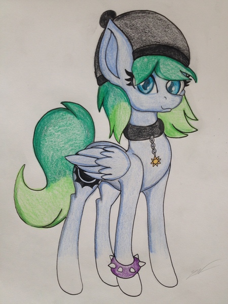 Size: 2448x3264 | Tagged: safe, artist:luxiwind, deleted from derpibooru, derpibooru import, oc, unofficial characters only, pegasus, pony, bracelet, collar, colored pupils, female, hat, jewelry, looking at you, mare, signature, simple background, solo, spiked wristband, traditional art, white background, wristband