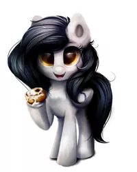 Size: 2000x2500 | Tagged: safe, artist:confetticakez, derpibooru import, oc, oc:raven sun, pegasus, pony, cinnamon bun, cute, folded wings, food, ocbetes, simple background, solo, standing, white background