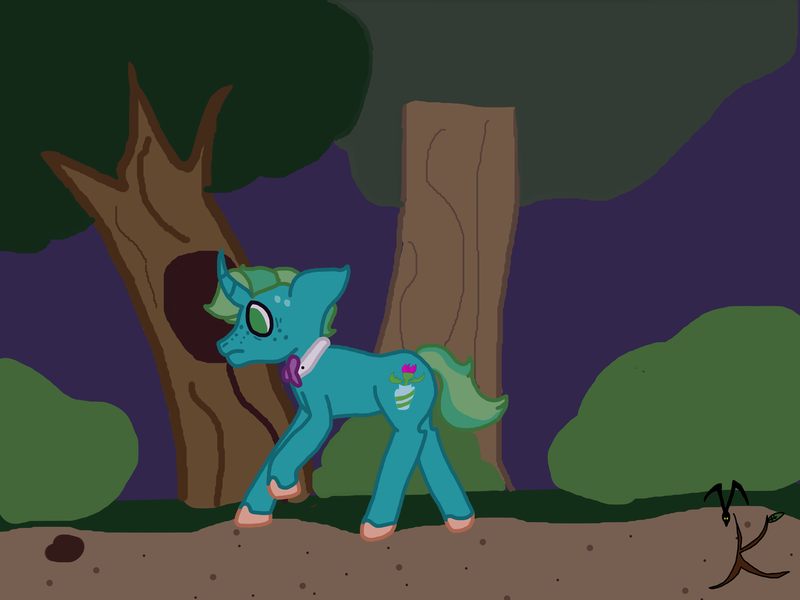 Size: 1280x960 | Tagged: safe, artist:valravnknight, derpibooru import, oc, oc:star thistle, unofficial characters only, unicorn, forest, male, night, offscreen character, running, solo, stallion, tree