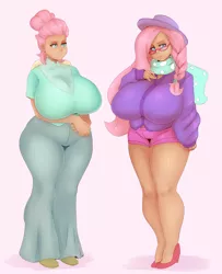 Size: 2430x2994 | Tagged: artist:sundown, big breasts, breasts, busty fluttershy, clothes, derpibooru import, fake it 'til you make it, fluttershy, glasses, hair bun, hat, high heels, hipstershy, huge breasts, human, humanized, impossibly large breasts, pants, plump, safe, severeshy, shoes