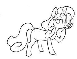Size: 2856x2216 | Tagged: safe, artist:mjangelvortex, derpibooru import, oc, oc:golden rose (ice1517), unofficial characters only, pony, unicorn, black and white, female, gift art, grayscale, lidded eyes, lineart, mare, monochrome, raised hoof, simple background, solo, traditional art, white background, wip