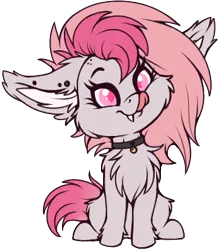 Size: 310x353 | Tagged: safe, artist:meggchan, derpibooru import, oc, oc:candy quartz, unofficial characters only, bat pony, :p, bat pony oc, bell, chest fluff, chibi, collar, cute, ear piercing, fangs, female, floppy ears, fluffy, licking, licking lips, mare, mlem, piercing, redraw, shaved mane, silly, simple background, sitting, solo, tongue out, transparent background, two toned mane, weapons-grade cute