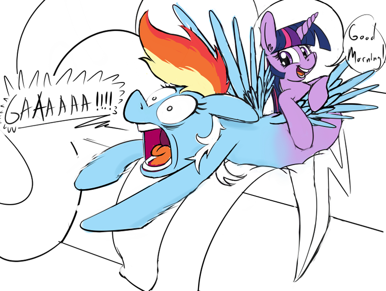 Size: 801x603 | Tagged: safe, artist:firenhooves, derpibooru import, rainbow dash, twilight sparkle, pony, bed, conjoined, dialogue, female, scared, shocked, surprised, what has magic done