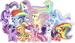 Size: 1787x1037 | Tagged: alicorn, alternate mane seven, applejack, artist:theshadowstone, artist:zekrom-9, bon bon, derpibooru import, editor:superbobiann, fluttershy, lyra heartstrings, mane eleven, mane six, pinkie pie, rainbow dash, rainbow power, rainbow power-ified, rarity, safe, simple background, starlight glimmer, sunset shimmer, sweetie drops, transparent background, trixie, twilight sparkle, twilight sparkle (alicorn)