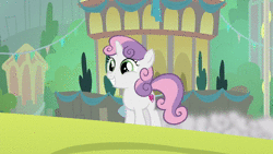 Size: 1280x720 | Tagged: safe, derpibooru import, screencap, constance, sweetie belle, bird, pony, unicorn, surf and/or turf, ambient, animal, animated, arch, bush, city, cute, diasweetes, female, filly, flower, grin, happy, harmonizing heights, house, mount aris, mountain, nature, no dialogue, purple martin, reflection, relaxing, river, rock, running, scenery, smiling, solo, songbird, sound, splash, squee, tree, water, webm