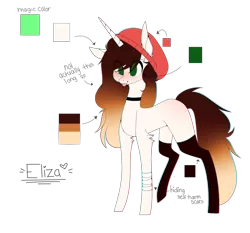 Size: 1341x1250 | Tagged: safe, artist:hyshyy, derpibooru import, oc, oc:eliza, unofficial characters only, pony, unicorn, bandage, beanie, clothes, female, hat, mare, reference sheet, simple background, socks, solo, tongue out, transparent background