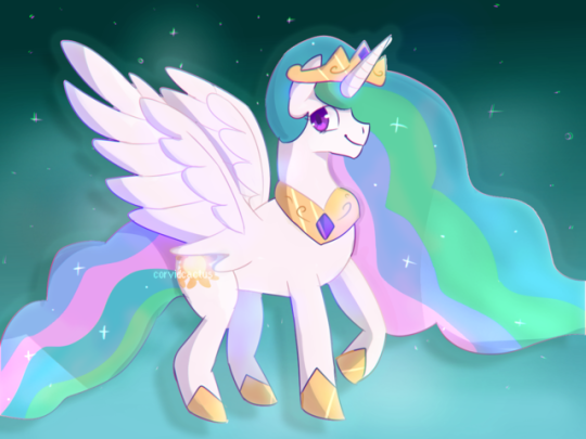 Size: 540x405 | Tagged: safe, artist:corvidcactus, derpibooru import, princess celestia, alicorn, pony, female, looking at you, mare, solo, spread wings, wings