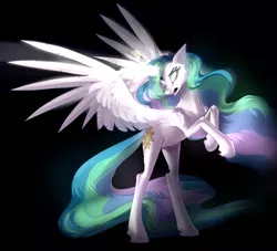 Size: 2843x2581 | Tagged: alicorn, artist:mp-printer, black background, derpibooru import, female, glowing horn, horn, magic, mare, open mouth, princess celestia, rearing, safe, simple background, solo, spread wings, white eyes, wings