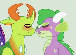 Size: 1480x1072 | Tagged: artist:everythingf4ngirl, blushing, boop, changedling, changeling, derpibooru import, gay, green background, king thorax, male, noseboop, older, older spike, safe, shipping, simple background, spike, thorax, thoraxspike