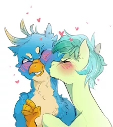 Size: 1600x1800 | Tagged: safe, artist:oniricat, derpibooru import, gallus, sandbar, earth pony, gryphon, pony, school daze, blushing, cute, gallbar, gay, heart, interspecies, kiss on the cheek, kissing, male, shipping, simple background, teenager, white background