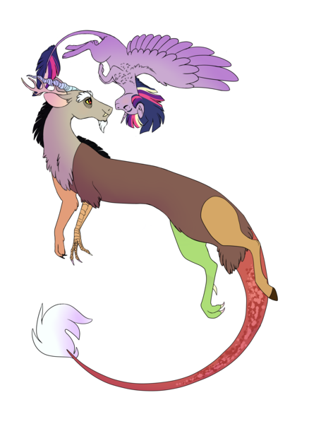 Size: 2500x3300 | Tagged: safe, artist:silcybell, deleted from derpibooru, derpibooru import, discord, twilight sparkle, twilight sparkle (alicorn), alicorn, draconequus, pony, discolight, duo, female, leonine tail, male, mare, shipping, simple background, spread wings, straight, transparent background, wings