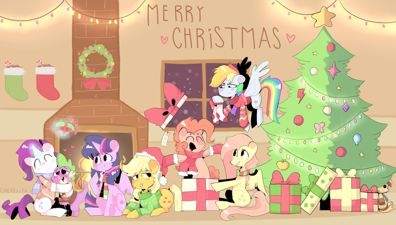 Size: 6535x3714 | Tagged: safe, artist:chepelitaxd, derpibooru import, applejack, fluttershy, pinkie pie, rainbow dash, rarity, spike, twilight sparkle, twilight sparkle (alicorn), alicorn, christmas, christmas tree, christmas wreath, clothes, female, fireplace, hat, heart, holiday, male, mane seven, mane six, plushie, present, santa hat, scarf, shipping, socks, sparity, straight, tree, wreath