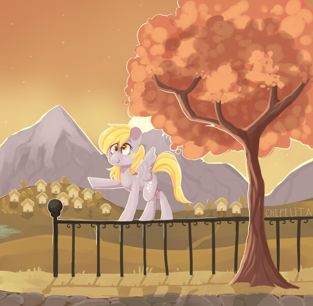 Size: 1600x1561 | Tagged: safe, artist:chepelitaxd, derpibooru import, derpy hooves, pegasus, pony, balancing, female, fence, mare, mountain, raised hoof, signature, sky, smiling, solo, spread wings, sun, tree, wings