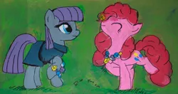 Size: 1139x600 | Tagged: safe, artist:aquilateagle, derpibooru import, maud pie, pinkie pie, earth pony, pony, candy, clothes, cute, dress, duo, duo female, eyes closed, female, food, jewelry, mare, maudabetes, necklace, pie sisters, rock candy, rock candy necklace, siblings, sisters, smiling, traditional art, when she smiles