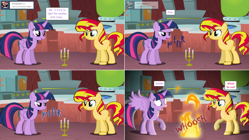 Size: 2564x1444 | Tagged: safe, artist:hakunohamikage, derpibooru import, sunset shimmer, twilight sparkle, twilight sparkle (alicorn), alicorn, pony, ask-princesssparkle, ask, candle, fire, futhark, runes, tumblr, twilight's lab