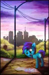 Size: 2247x3418 | Tagged: safe, artist:breakdream, derpibooru import, oc, ponified, unofficial characters only, pony, unicorn, city, cityscape, heterochromia, microsoft, puddle, reflection, solo, windows