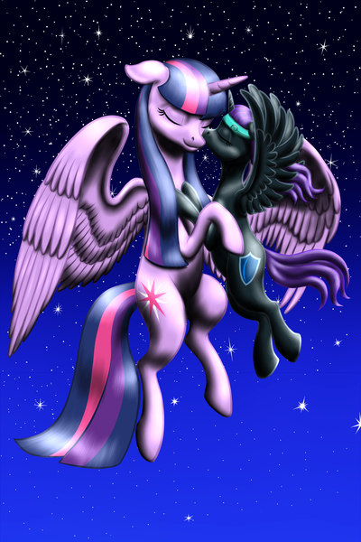 Size: 2000x3000 | Tagged: alicorn, alicorn oc, artist:vasillium, cutie mark, dancing, daughter, derpibooru import, eyes closed, female, flying, headband, high res, hug, kissing, kiss on the cheek, love, mother, mother and daughter, night, night sky, oc, oc:nyx, pen stroke, royalty, safe, sailor moon, sky, spread wings, stars, twilight sparkle, twilight sparkle (alicorn), wings