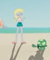 Size: 342x415 | Tagged: safe, derpibooru import, screencap, derpy hooves, tank, aww... baby turtles, equestria girls, equestria girls series, clothes, cropped, eyes closed, feet, female, male, sandals, shorts, shrug