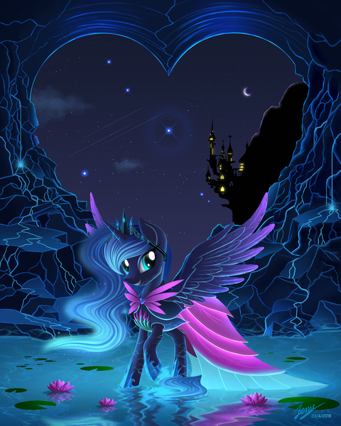 Size: 3000x3750 | Tagged: alicorn, artist:duskie-06, canterlot, canterlot castle, clothes, crescent moon, crown, derpibooru import, digital art, dress, female, flower, glow, horn, jewelry, looking at you, lotus (flower), mare, moon, mountain, night, pond, princess luna, reflection, regalia, safe, signature, solo, stars, water, wings