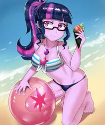 Size: 900x1064 | Tagged: suggestive, artist:tzc, derpibooru import, sci-twi, twilight sparkle, equestria girls, equestria girls series, x marks the spot, beach, beach ball, bikini, breasts, busty twilight sparkle, clothes, feet, female, food, geode of telekinesis, lidded eyes, magical geodes, ocean, sexy, smiling, solo, solo female, sushi, swimsuit, water