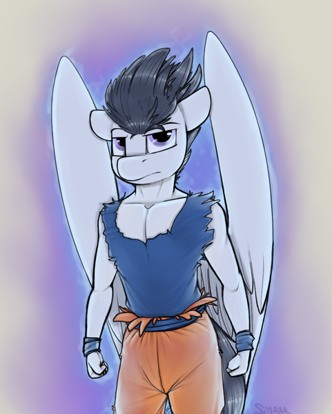 Size: 814x1016 | Tagged: anthro, artist:sinrar, clothes, derpibooru import, dragon ball super, goku, looking at you, oc, oc:pipe dream, pegasus, safe, simple background, solo, torn clothes, ultra instinct