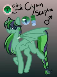 Size: 550x750 | Tagged: safe, artist:eppyminecart, derpibooru import, oc, oc:cyan sceptre, unofficial characters only, bat pony, pony, icey-verse, colored sclera, female, gradient background, mare, offspring, parent:oc:dark script, parent:oc:lime tendrill, parents:oc x oc, solo