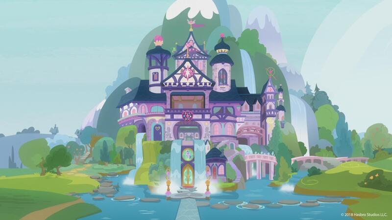 Size: 1644x925 | Tagged: building, derpibooru import, moat, mountain, no pony, safe, scenery, school, school daze, school of friendship, screencap, stepping stones, water, waterfall