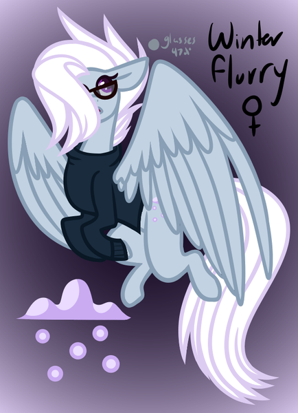 Size: 615x850 | Tagged: safe, artist:eppyminecart, derpibooru import, oc, oc:winter flurry, unofficial characters only, pegasus, pony, icey-verse, clothes, female, glasses, gradient background, hair over one eye, magical lesbian spawn, mare, offspring, parent:indigo zap, parent:night glider, parents:indiglider, solo, sweater