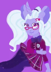 Size: 678x950 | Tagged: safe, artist:pumpkin-somethin-art, derpibooru import, sugarcoat, anthro, unicorn, equestria girls, bowtie, clothes, crystal prep academy uniform, cute, female, glasses, hooves, horn, lineless, looking at you, pony ears, purple background, school uniform, simple background, smiling, solo, sugarcute