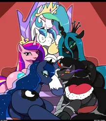 Size: 1188x1360 | Tagged: suggestive, artist:droll3, derpibooru import, king sombra, princess cadance, princess celestia, princess luna, queen chrysalis, shining armor, alicorn, changeling, changeling queen, pony, unicorn, bedroom eyes, bugbutt, female, half r63 shipping, harem, it's a trap, licking lips, lovebutt, lucky bastard, male, moonbutt, plot, polyamory, queen umbra, queen umbutt, rule 63, shining armor gets all the mares, shining chrysalis, shininglestia, shiningluna, shiningsombra, shiningsomdance, shiningumbra, shipping, sombra eyes, straight, this will end in death by snu snu, tongue out, wide eyes