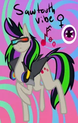 Size: 506x793 | Tagged: safe, artist:eppyminecart, derpibooru import, oc, oc:sawtooth vibe, unofficial characters only, earth pony, pony, icey-verse, clothes, ear piercing, earring, female, glasses, headphones, jacket, jewelry, magical lesbian spawn, mare, music notes, offspring, parent:octavia melody, parent:vinyl scratch, parents:scratchtavia, piercing, solo