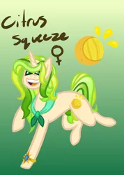Size: 596x835 | Tagged: safe, artist:eppyminecart, derpibooru import, oc, oc:citrus squeeze, unofficial characters only, pony, unicorn, icey-verse, bracelet, female, female symbol, gradient background, jewelry, magical lesbian spawn, mare, offspring, open mouth, parent:lily lace, parent:sunshine smiles, parents:sunlace, solo