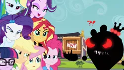 Size: 640x360 | Tagged: safe, derpibooru import, applejack, fluttershy, pinkie pie, rainbow dash, rarity, sci-twi, starlight glimmer, sunset shimmer, twilight sparkle, equestria girls, angry, bad piggies, canterlot high, crossover, explosives, happy, humane five, humane seven, humane six, shadow king pig, teaser, tnt, wat