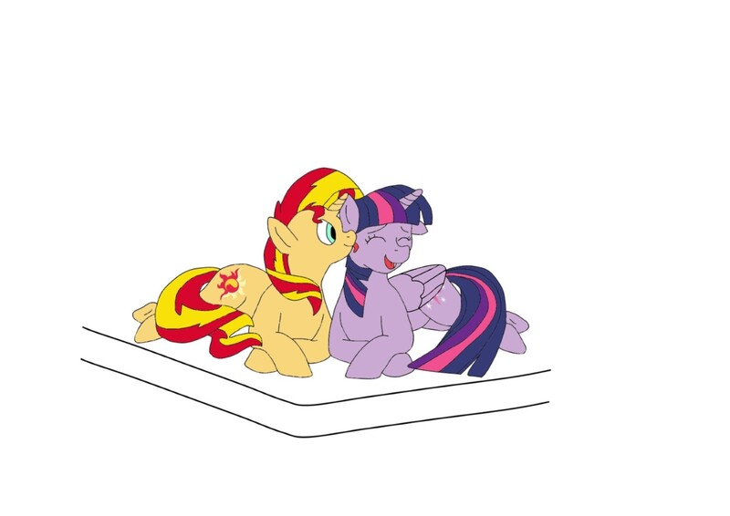 Size: 1754x1240 | Tagged: safe, artist:xbluestreakx, derpibooru import, sunset shimmer, twilight sparkle, twilight sparkle (alicorn), alicorn, pony, unicorn, bed, cute, female, lesbian, licking, lying down, mare, shipping, side, silly, silly pony, sunset, sunsetsparkle, tongue out