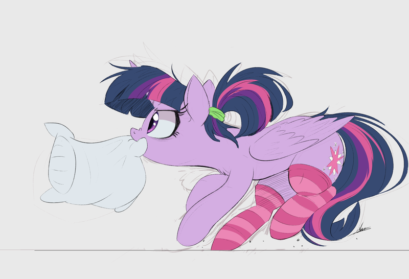 Size: 2048x1398 | Tagged: safe, artist:ncmares, derpibooru import, twilight sparkle, twilight sparkle (alicorn), alicorn, pony, alternate hairstyle, clothes, female, kneesocks, mare, mouth hold, pillow, ponytail, scrunchie, signature, simple background, socks, solo, striped socks