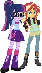 Size: 842x1437 | Tagged: safe, derpibooru import, editor:superbobiann, sci-twi, sunset shimmer, twilight sparkle, equestria girls, boots, clothes, clothes swap, duo, glasses, hand on hip, high heel boots, jacket, leather jacket, leg warmers, pants, pleated skirt, ponytail, shoes, simple background, skirt, smiling, transparent background