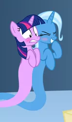 Size: 360x608 | Tagged: artist:navitaserussirus, asktwixiegenies, blushing, couple, cropped, derpibooru import, duo, female, lesbian, safe, shipping, trixie, twilight sparkle, twixie