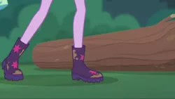 Size: 2208x1242 | Tagged: safe, derpibooru import, screencap, sci-twi, twilight sparkle, equestria girls, equestria girls series, stressed in show, stressed in show: fluttershy, boots, legs, log, mud, muddy, pictures of legs, shoes