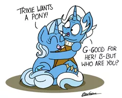 Size: 1881x1520 | Tagged: safe, artist:bobthedalek, derpibooru import, jack pot, trixie, pony, unicorn, grannies gone wild, clothes, confused, cute, diatrixes, duo, eyes closed, father and daughter, female, happy, hug, jacket, male, simple background, third person, white background